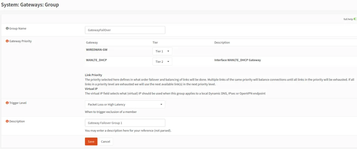 Gateways group configuration screen